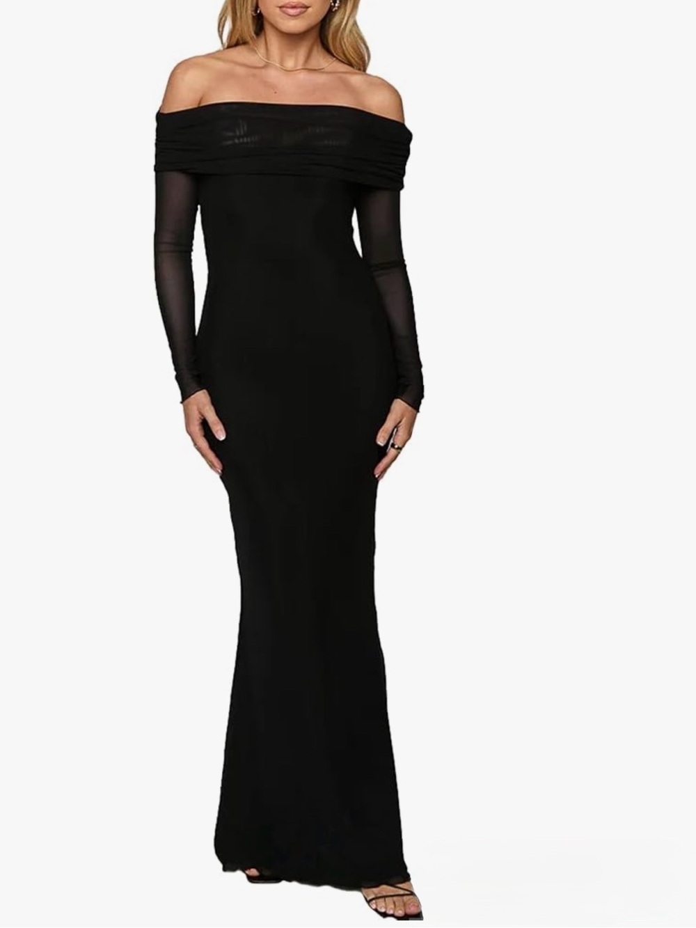 Off-Shoulder Long Sleeve Black Maxi Dress